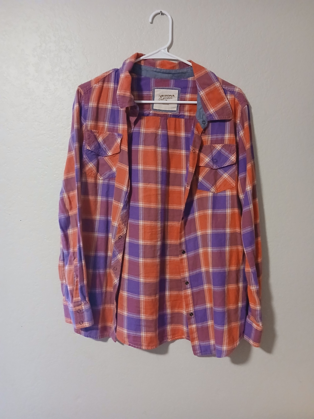 Arizona Mens Orange Purple Plaid Button-Up Shirt